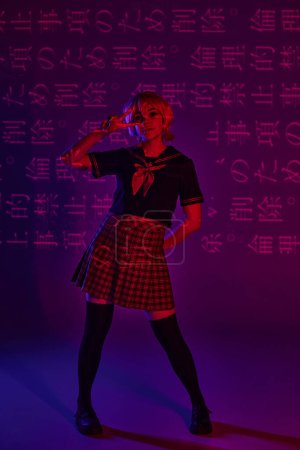 trendy anime woman in school uniform showing victory sign on neon purple backdrop with hieroglyphs