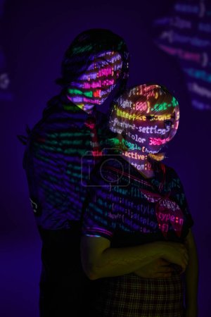 Photo for Anime style students in neon programming symbols projection on blue backdrop, youth culture, banner - Royalty Free Image