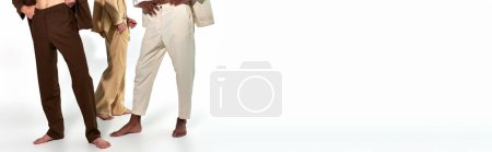 Photo for Cropped view of young interracial men in suits posing on gray background, fashion concept, banner - Royalty Free Image