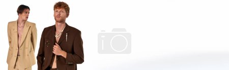 good looking classy men in elegant attires posing on white backdrop, fashion concept, banner