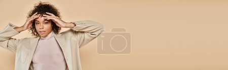 Photo for Autumn fashion, brunette african american woman posing in turtleneck and blazer on beige, banner - Royalty Free Image