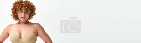 Foto de Retrato de sensual pelirroja mujer de talla grande con busto curvilíneo en sujetador beige sobre bandera blanca horizontal - Imagen libre de derechos
