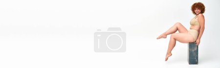 Foto de Alegre y curvilínea pelirroja en lencería beige posando en caja de madera sobre bandera blanca horizontal - Imagen libre de derechos