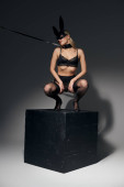 attractive hot woman in black lingerie and rabbit mask on leash squatting on cube on dark backdrop Sweatshirt #679261886
