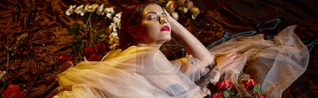 banner of charming young woman in romantic transparent dress lying among flowers, closed eyes