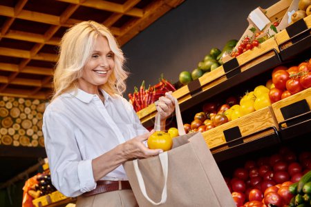 joyous mature woman in casual outfit putting yellow tomato into her shopping bag at grocery store