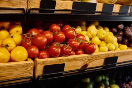 object photo of bright vegetable stall with fresh red and yellow tomatoes at grocery store, nobody