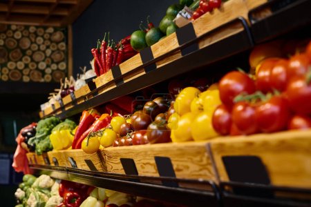 object photo of colorful vegetable stall with tomatoes and peppers at grocery store, nobody