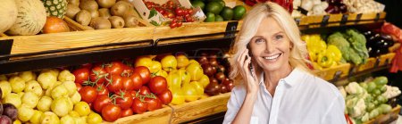 Foto de Feliz madura alegre mujer hablando por teléfono móvil en la tienda de comestibles y sonriendo a la cámara, pancarta - Imagen libre de derechos
