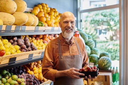 Photo for Good looking mature happy seller with berries in hands smiling cheerfully at camera at grocery store - Royalty Free Image
