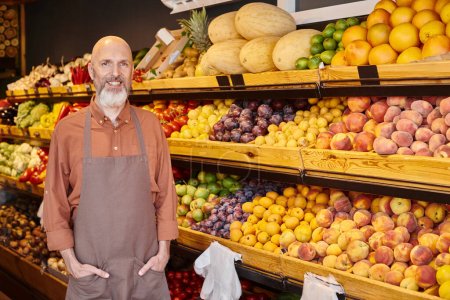 cheerful mature bearded seller smiling at camera posing with hands in pockets with stall on backdrop