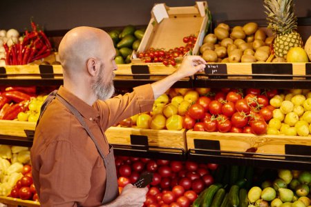 Foto de Barbudo vendedor maduro poniendo etiquetas de precios en frutas y verduras vibrantes en la tienda de comestibles - Imagen libre de derechos