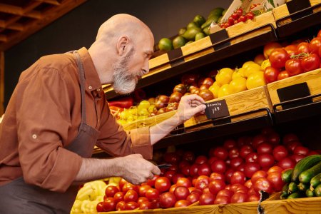 Nachdenklicher Verkäufer mit grauem Bart klebt Preisschilder an frischem Gemüse im Supermarkt