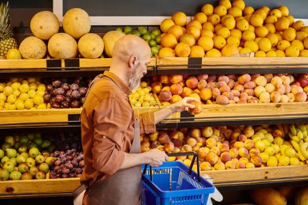 Photo for Gray bearded good looking seller looking at fresh peach in his hand and holding shopping basket - Royalty Free Image