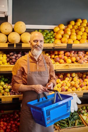 cheerful mature seller with shopping basket in hands smiling at camera with fruits on backdrop
