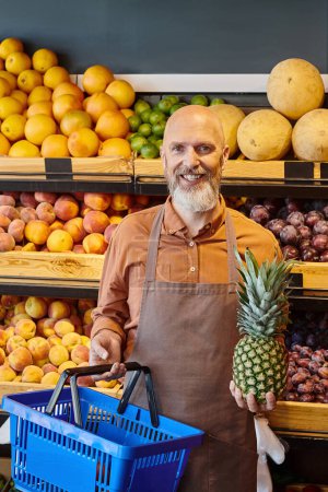 Photo for Vertical shot of jolly bearded salesman posing with shopping basket and fresh pineapple in hands - Royalty Free Image