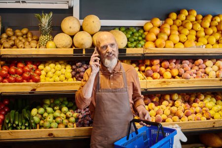 Graubärtiger älterer Verkäufer hält Einkaufskorb in der Hand und telefoniert aktiv im Supermarkt
