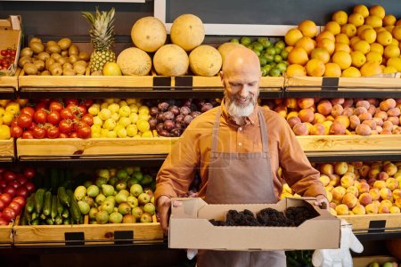 Photo for Good looking jolly mature salesman looking at blackberries in his hands and smiling happily - Royalty Free Image