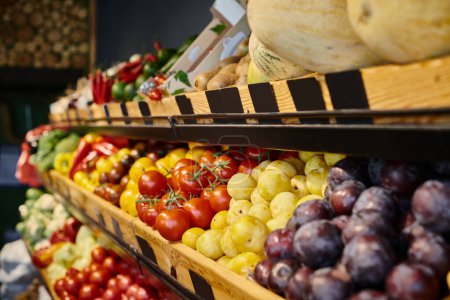 Objektfoto von einem lebhaften Stand voller frischem Obst und Gemüse im Lebensmittelgeschäft