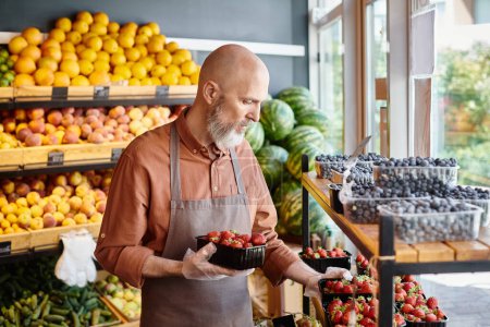 Konzentrierte Verkäuferin mit grauem Bart blickt aufmerksam auf den Stand mit frischen und lebendigen Erdbeeren