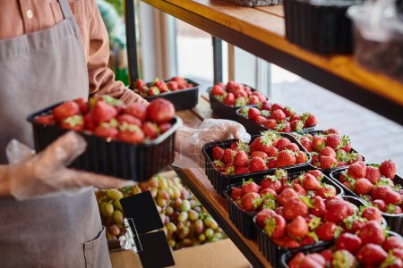 Foto de Vista recortada del envase del vendedor maduro fresas vibrantes frescas en la tienda de comestibles, mercado de agricultores - Imagen libre de derechos