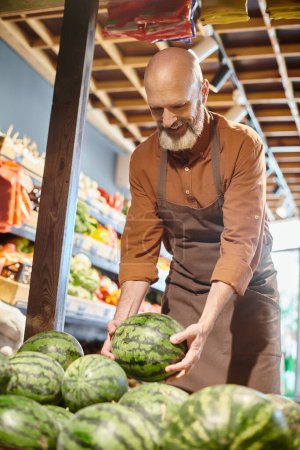 fröhlicher bärtiger älterer Verkäufer lächelt glücklich und pflückt frische Wassermelone im Supermarkt