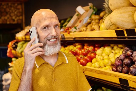 Foto de Gris barbudo cliente maduro hablando por teléfono en la tienda de comestibles y sonriendo alegremente a la cámara - Imagen libre de derechos