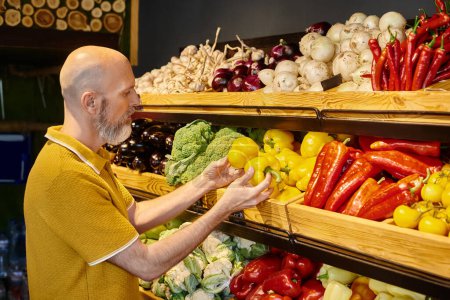 Konzentrierter graubärtiger Mann in lässiger Kleidung, der frische, lebendige Paprika im Lebensmittelladen auswählt