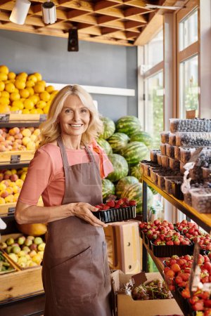 Foto de Alegre madura vendedora sosteniendo deliciosas fresas frescas y sonriendo felizmente a la cámara - Imagen libre de derechos