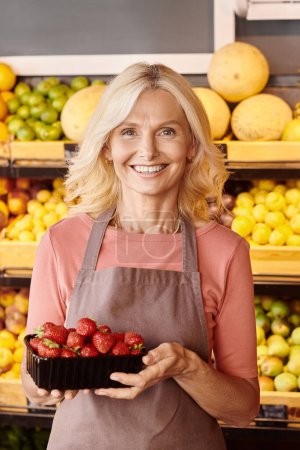 vertical shot of joyous mature seller holding pack of nutritious fresh strawberries smiling happily