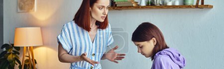 Photo for Displeased woman gesturing and quarreling with upset teenage daughter at home, horizontal banner - Royalty Free Image