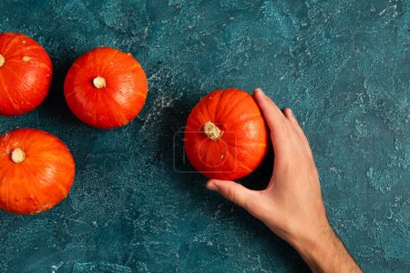 Photo for Cropped view of male hand near ripe orange pumpkins on blue textured tabletop, thanksgiving concept - Royalty Free Image