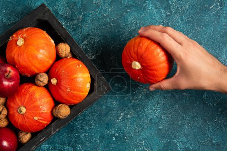 cropped view of man holding ripe pumpkin near tray with seasonal harvest, thanksgiving concept