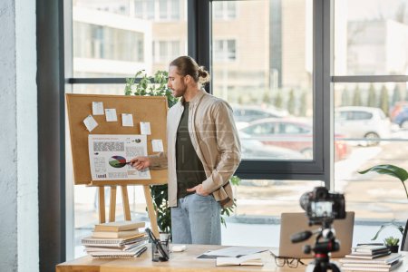 Foto de Hombre de negocios señalando el rotafolio con gráficos y creando contenido de video comercial en la oficina - Imagen libre de derechos