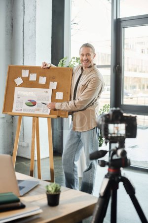 happy entrepreneur pointing at flip chart with analytics near digital camera in office, video blog