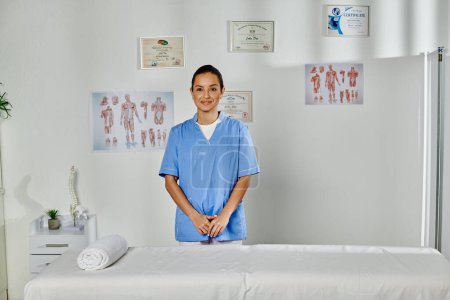 Photo for Cheerful young female doctor in medical costume posing in her office and smiling at camera - Royalty Free Image