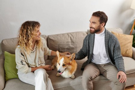 Photo for Happy couple in casual winter outfits sitting on couch and cuddling corgi dog in modern apartment - Royalty Free Image