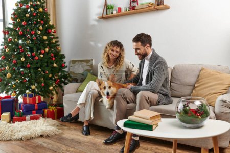 cheerful couple sitting on couch and cuddling corgi dog near decorated Christmas tree and presents