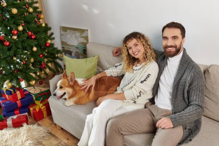 cheerful couple sitting on couch, cuddling corgi dog near decorated Christmas tree at home