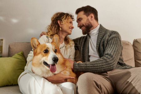 Paar in Winterkleidung lächelt und spielt mit Corgi-Hund in moderner Wohnung, glückliche Momente