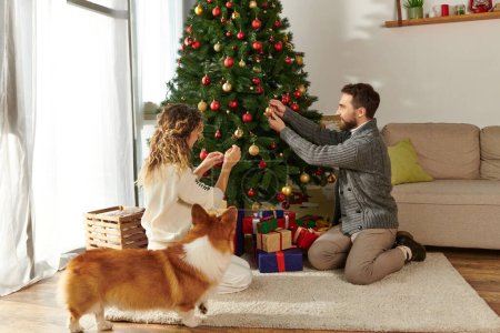 happy couple in winter clothing decorating Christmas tree near wrapped presents and corgi dog