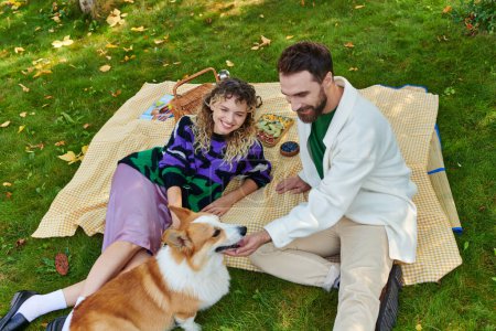 Photo for Top view of happy couple cuddling cute corgi dog while having picnic on green lawn in park - Royalty Free Image