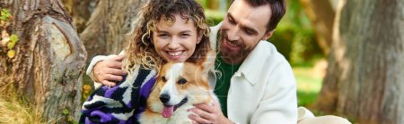 Photo for Happy man hugging curly woman in outfit while cuddling corgi dog in park, sitting near tree banner - Royalty Free Image