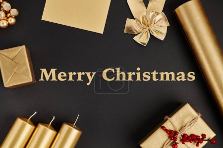 golden Merry Christmas lettering in frame of shiny decorative objects on black, festive backdrop