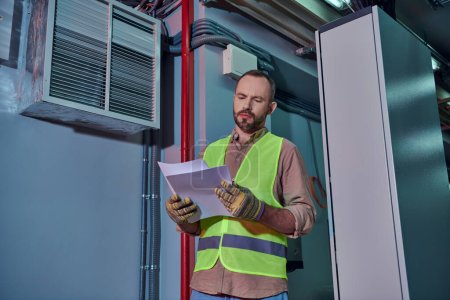 concentrated devoted technician in safety vest and gloves checking his papers in data center