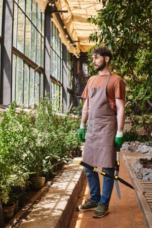 Foto de Jardinero barbudo en guantes y delantal que sostiene grandes tijeras de jardinería alrededor de las plantas en invernadero - Imagen libre de derechos
