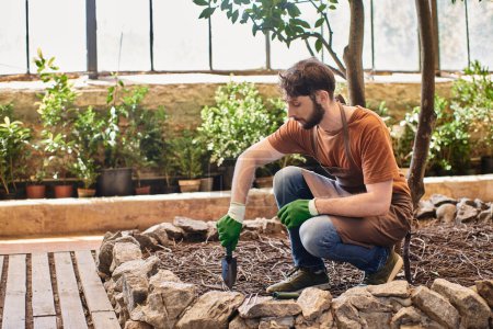 Foto de Hermoso jardinero barbudo en guantes y delantal excavación con una pequeña pala bajo el árbol en invernadero - Imagen libre de derechos