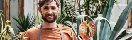 Téléchargez les photos : Heureux jardinier barbu en tablier de lin tenant des plantes en pot en serre, bannière - en image libre de droit