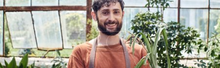 Téléchargez les photos : Joyeux jardinier avec barbe regardant caméra et debout entouré de plantes vertes en serre - en image libre de droit