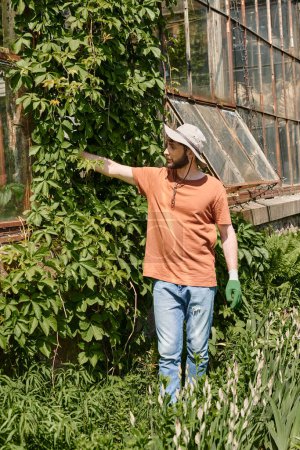 gutaussehender und bärtiger Gärtner mit Sonnenhut untersucht Pflanze in der Nähe moderner Gewächshäuser auf dem Land